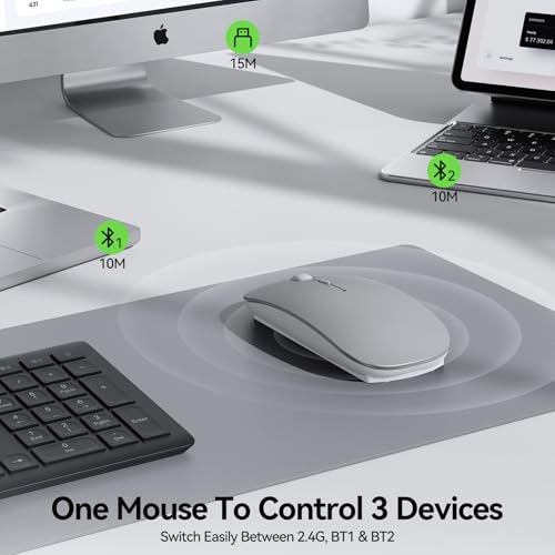 TECKNET Bluetooth Wireless Mouse, Rechargeable Silent Portable Computer Mouse, 6 Adjustable DPI, Dual Mode (Bluetooth 5.2/3.0 and 2.4G USB Receiver) for Laptop, iPad, MacBook, PC, Desktop, Android - color: silver