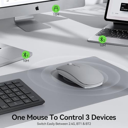 TECKNET Bluetooth Wireless Mouse, Rechargeable Silent Portable Computer Mouse, 6 Adjustable DPI, Dual Mode (Bluetooth 5.2/3.0 and 2.4G USB Receiver) for Laptop, iPad, MacBook, PC, Desktop, Android - color: silver