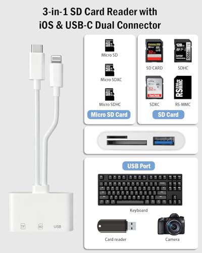 SD Card Reader for iPhone and iPad, USB C & Lightning Dual Slot Adapter | USB 3.0 SD/TF Card Reader for Fast Photo and Video Transfer from Cameras; No App Required, Compact Plug-and-Play Design. - color: white
