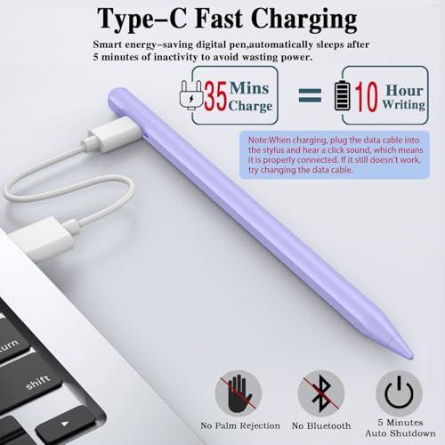 Stylus Pen for Android Tablet, Tablet Pencil for iOS/Android,Rechargeable Active Stylus Pen for iPhone/Samsung/XiaoMi/Huawei/Vivo/Lenovo and Other Android Smartphones and Tablet-Purple - color: Purple