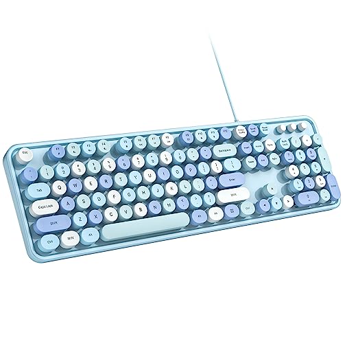 MOWUX Computer Keyboard Wired, Plug and Play USB Retro Round Typewriter Keyboard, Full Size Wired Keyboard with Foldable Stands for Laptop and Office PC- Blue Colorful - color: Blue Colorful