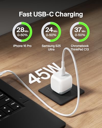 Belkin 45W Compact USB C Charger Block, Fast Charging for Travel | PD 3.1, PPS, Travel Charger, Chromebook, iPad, iPhone 17, Samsung Galaxy, Pixel, Nintendo Switch 2, Foldable Prongs - color: White, style: Single Pack