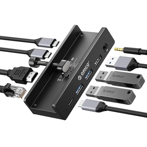 ORICO Clip Docking Station, 8-in-1 Clamp USB C Hub with 4K@60Hz HDMI, 100W PD, Gigabit Ethernet, 4xUSB Port, AUX, 10Gbps Clamp Docking Station for Laptop, MacBook, PC (Adapter Not Included) - color: Black