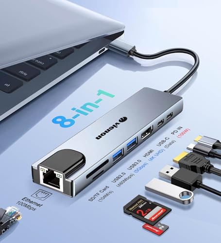 USB C Hub Ethernet HDMI Adapter, 8 in 1 Laptop Docking Station with 4K HDMI, RJ45 Ethernet 100Mbps, SD/TF Card Reader, USB 3.0/2.0, PD 100W, LAN USB C Dongle for MacBook Pro/Air, iPad Pro, XPS, etc