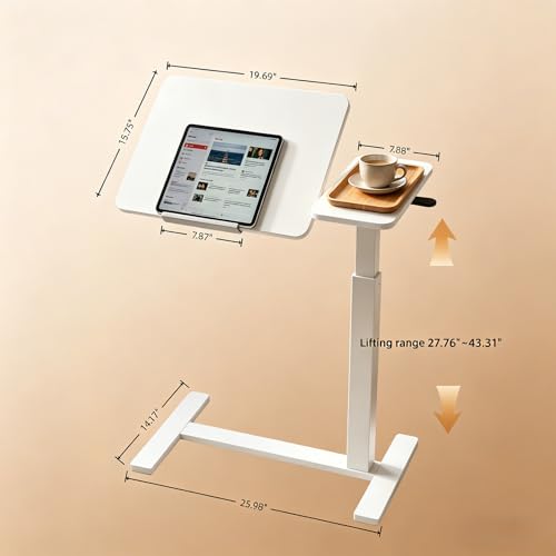 Haotian Overbed Table with Wheels, Adjustable Height Bedside Table with Tilting Desktop, Rolling Laptop Table with Side Shelf, Over Bed Table for Sofa, Bed, Home Office, White DJ-FWT002 - color: White