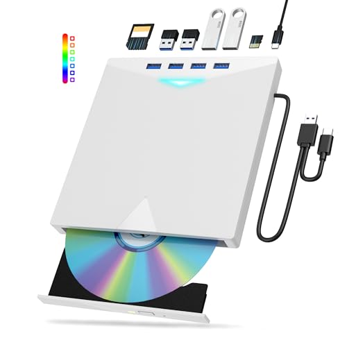 External CD/DVD Drive for Laptop PC,8 IN 1 LED CD Reader for Laptop CD Burner CD ROM DVD-/+RW Writer Reader with TF/SD Card Slots,USB 3.0 DVD Drive External,Compatible with Mac,Windows 11/10/8/7,Linux - color: White