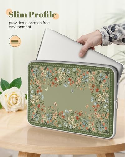 iCasso Computer Sleeve 13 inch,Stylish Girly Laptop Bag Green,13-13.6 inch Waterproof Laptop Sleeve Compatible with MacBook Neo/Air/Pro 13-14 Sleeve, HP Dell ASUS Lenovo Chromebook Notebook, Flowers - color: Green Floral, size: 13-14 Inch