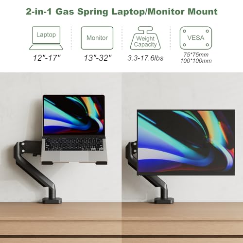 2-in-1 Gas Spring Laptop Desk Mount for 12"-17" Notebook/13"-32" Monitor | Full Motion Adjustable Laptop Desk Stand with Tray, Holds 3.3-17.6lbs, VESA 75/100MM, Clamp-on and Grommet Base