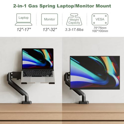 2-in-1 Gas Spring Laptop Desk Mount for 12"-17" Notebook/13"-32" Monitor | Full Motion Adjustable Laptop Desk Stand with Tray, Holds 3.3-17.6lbs, VESA 75/100MM, Clamp-on and Grommet Base