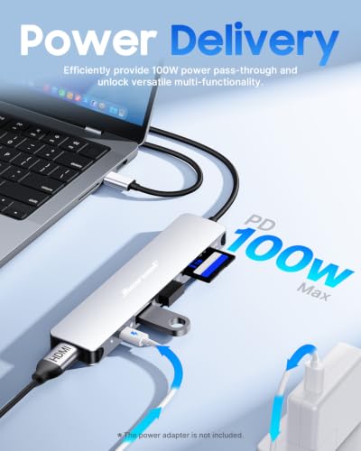 Hiearcool USB C Hub, 7-in-1 USB C Dongle for MacBook, HDMI, PD, Sliver - color: 7in1-Sliver White