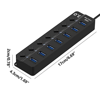 USB Hub Multi USB Splitter USB 3.0 Port Extender Hub with 7-Port, USB Extension Cable, Led Indicater for Mouse Flash Drive Keyboard Mobile Hard Disk Drive