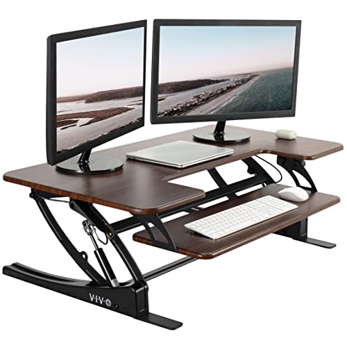 VIVO Dark Walnut 42 inch Standing Desk Converter, DESK-V000VLD | Height Adjustable, Stand Up Desk Riser, Wide Keyboard Tray, Dual Monitor and Laptop Workstation, Black Frame, V Series - color: Dark Walnut, size: 42"