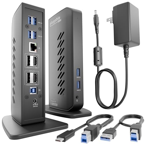 Plugable Dual DisplayPort & HDMI Docking Station - USB 3.0 & USB-C Laptop Dock for Dual Monitors, DisplayLink, Mac (Driver Required), ChromeOS & Windows, Gigabit Ethernet and Audio (UD-6950Z)