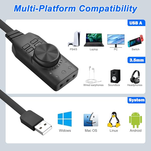 MEIRIYFA External USB Sound Card Virtual 7.1 Surround Sound USB 2.0 Sound Card Adapter for PC with Volume Control, USB to 3.5mm Jack Audio Adapter Cable Plug and Play