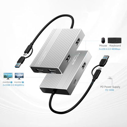 ACASIS USB C to Dual HDMI DisplayLink Adapter for Mac M1/M2/M3/M4/Windows | USB C DisplayLink Docking Station with 2HDMI 4K@60Hz, 3USB-A Ports, 100W PD Charging ,USB A/C to Dual Monitor - color: Silver
