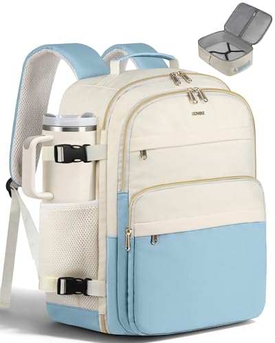 HOTOR Travel Backpack Women Flight Approved Carry on Bag | 15.6inch Laptop Computer Bag Flight Approved Personal Item Travel Bag for Work, Business, College - color: Sea Blue and Beige, size: 13.0" x 7.9" x 17.3"