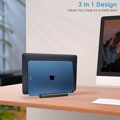 Vertical Laptop Stand [New Version: Two More Rubber Pads & Hex Key Storable Design] ABS Plastic Adjustable Dock up to 15 inch PC Desk Space Saver for MacBook/Surface/iPad/Mini PC (Black) - color: Black