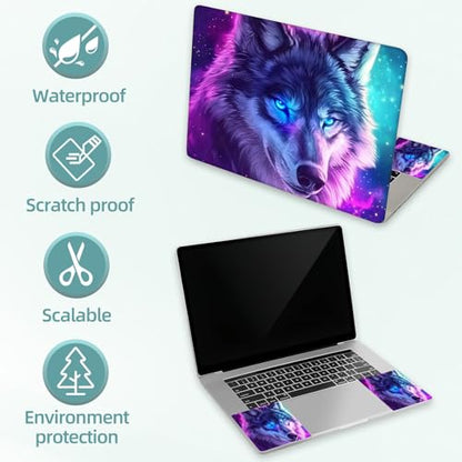 Universal Laptop Skin Decal, 3-Piece Vinyl Protector for 12 13 14 15.6" Notebook, Waterproof Anti-Scratch, Easy Trim & Bubble-Free Finish, Purpl Wolf with Blue Eyes - color: Purpl Wolf with Blue Eyes