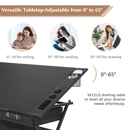 VECELO Drafting Table Art Desk Art Table Adjustable Drawing Table Tilted Tabletop with 2 Storage Drawers and Stool, Drawing Desk for Artist Painters Drawing, Crafting, Reading, Writing, Black - color: Black