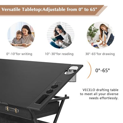 VECELO Drafting Table Art Desk Art Table Adjustable Drawing Table Tilted Tabletop with 2 Storage Drawers and Stool, Drawing Desk for Artist Painters Drawing, Crafting, Reading, Writing, Black - color: Black