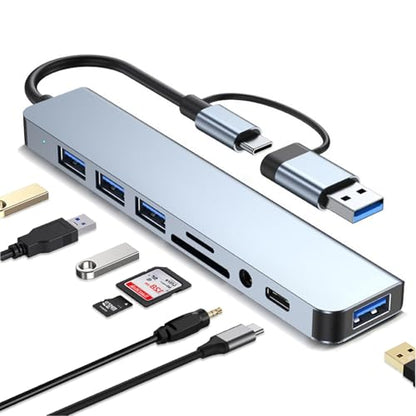 USB C Hub USB Hub 3.0 with SD/TF Card Reader, 3.5mm Headphone Aux Jack, 8-in-1 USB Splitter for MacBook Pro Air, XPS, Surface and More PC/Laptop/Tablet Devices