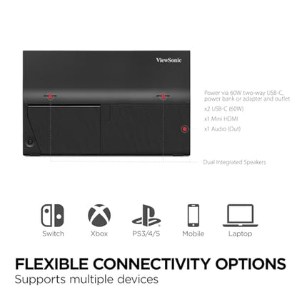 ViewSonic VX1654 16 Inch 1080p Portable Gaming Monitor, IPS Display with 144Hz for Smooth Mobile Workspaces and Fast-Action Gaming, Built-in Stand, 60W USB-C, and Mini HDMI Inputs - size: 16-Inch 144Hz