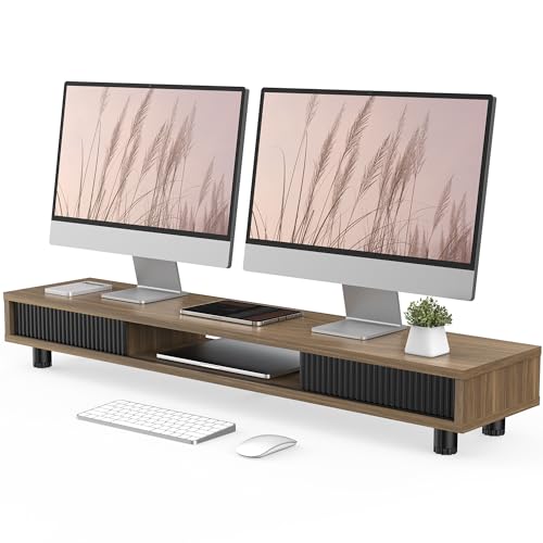 Fenge Dual Monitor Stand with Storage, Desk Shelf with Glass Sliding Door | Ergonomic Height Adjustment, 42.5in Monitor Shelf, 2-Tier Monitor Riser, Desk Organizer for Screen, PC, Laptop, Brown - color: Brown
