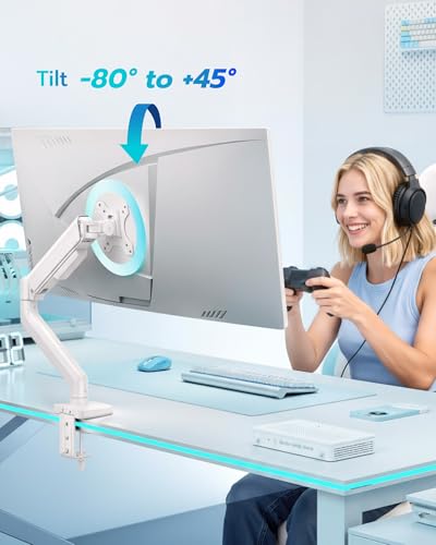 ARES WING Heavy Duty Single Monitor Arm - Fully Adjustable Monitor Mount for 17"-40" Ultrawide Screens up to 26.4 lbs with Clamp/Grommet Desk Mount, 75/100 Vesa Mount, White - color: White, style: Non USB