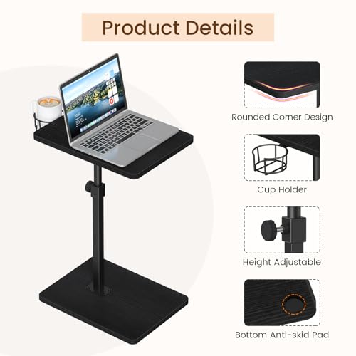 Giikin Side Table, 360 Swivel & Height Adjustable TV Trays for Eating on Couch, Sofa Armrest TV Tray Table with Cup Holder for Small Spaces, C-Shaped, Black, 11.8" D x 15.8" W x 31" H - color: Black