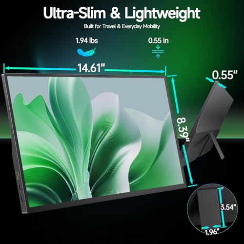 15.6" Portable Monitor, Dual USB C HDMI Laptop Screen Extender for Laptop | Ultra-Slim Travel IPS Display with HDR, 100% sRGB, VESA Mount & Built-in Speakers for Mac Phone PS5 Xbox Switch - size: 15.6