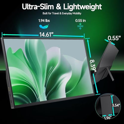 15.6" Portable Monitor, Dual USB C HDMI Laptop Screen Extender for Laptop | Ultra-Slim Travel IPS Display with HDR, 100% sRGB, VESA Mount & Built-in Speakers for Mac Phone PS5 Xbox Switch - size: 15.6