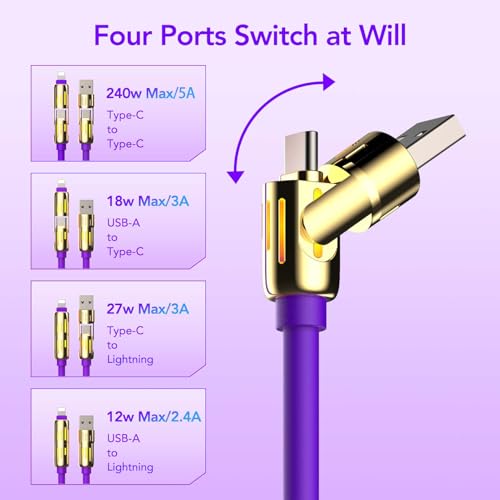 MFish 240W 4-in-1 Charging Cable with Carrying Case, 6.6FT Fast Charger USB-A & USB-C to USB-C/Lightning, for iPhone 17/16/15/14, MacBook, iPad, Samsung S25/S24 (Purple Gold, 6.6Ft) - color: Purple Gold, size: 6.6Ft