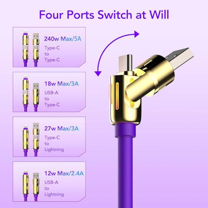 MFish 240W 4-in-1 Charging Cable with Carrying Case, 6.6FT Fast Charger USB-A & USB-C to USB-C/Lightning, for iPhone 17/16/15/14, MacBook, iPad, Samsung S25/S24 (Purple Gold, 6.6Ft) - color: Purple Gold, size: 6.6Ft