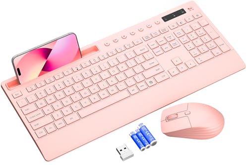 Pink Keyboard and Mouse Wireless, 2.4G Lag-Free Cute Keyboard Combo with Ergonomic Wrist Rest, Phone Holder & Batteries Included, Cordless Silent Key Board Set for Computer, PC, Windows - Trueque - color: Peach Pink