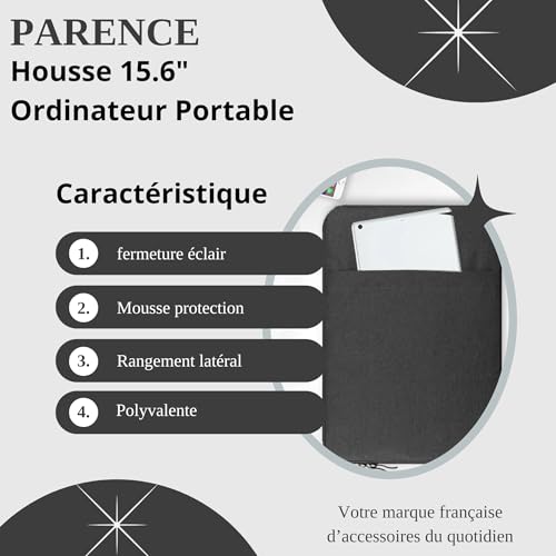 PARENCE. - 15.6 inch Laptop Sleeve - Zipper Shock Protection - Extra Side Pocket - Waterproof, Color Grey