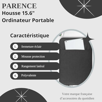 PARENCE. - 15.6 inch Laptop Sleeve - Zipper Shock Protection - Extra Side Pocket - Waterproof, Color Grey
