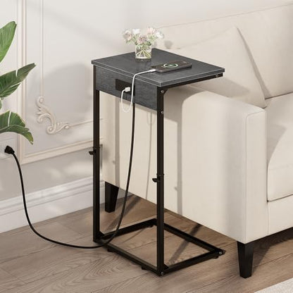 C Shaped End Table with Charging Station, Adjustable Height Side Table for Couch, Small Side Table, 33.2'' Tall Couch Tables that Slide Under, Tv Tray End Table for Living Room, Gray Walnut - color: Gray Walnut (1 Pack), style: With Plug