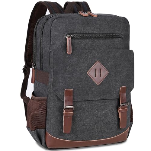 CROCOD Canvas Laptop Backpack 15.6 Inch, Vintage Travel Rucksack for Men Women,Computer Bag for Work Business College (Black-Upgrade) - color: Black-upgrade