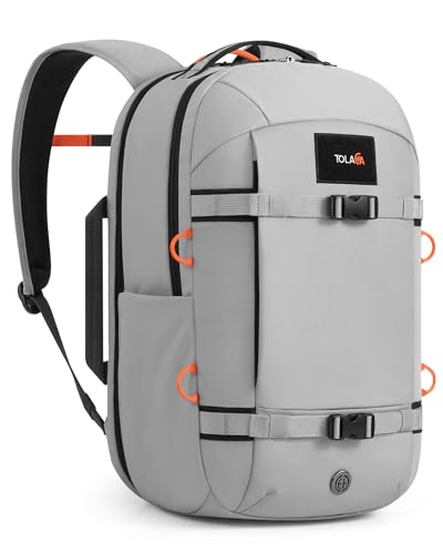 Tolaccea 30L Travel Laptop Backpack TSA Carry-On for Business Trips Commute | 100% RPET Recycled Fabric | EVA-cushioned Laptop Protection | TSA 180° Lay-flat Opening | Reinforced Stability Base Panel - color: Light Gray