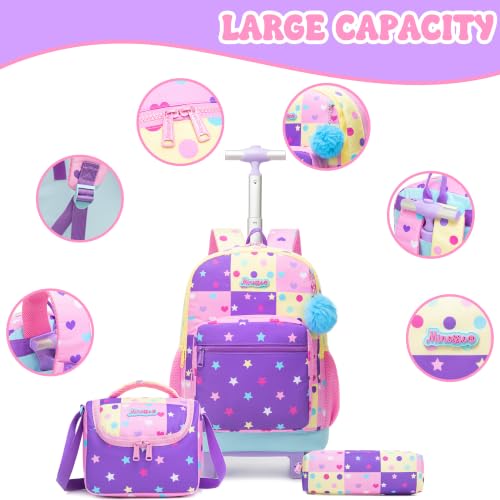 Girls Rolling Backpack with Lunch Box School Backpacks with Wheels 16.5" Roller Backpack for Girls, 3pcs Kids Wheeled Bookbag for Elementary School - color: Duosewujiaoxing
