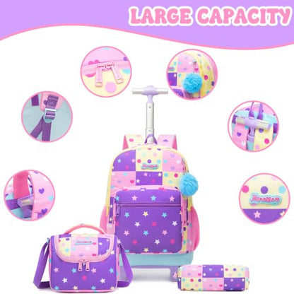 Girls Rolling Backpack with Lunch Box School Backpacks with Wheels 16.5" Roller Backpack for Girls, 3pcs Kids Wheeled Bookbag for Elementary School - color: Duosewujiaoxing