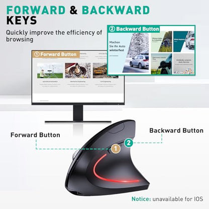 JYKEYMOUT Bluetooth and 2.4G (2-in-1) Rechargeable Wireless Mouse, Ergonomic Vertical Design, 1000/1200/1600 DPI, 6 Silent Buttons, for Laptop, Computer, PC, MacBook, Chromebook-Black - style: DPI-1600