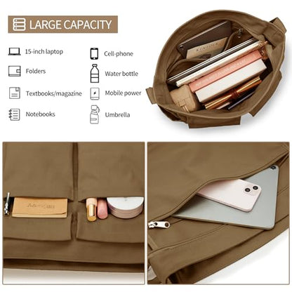 KALIDI Canvas Tote Bag Large Hobo Crossbody Shoulder Handbag Zipper Messenger Bag for Women or Men Casual College Work - color: Upgraded Brown