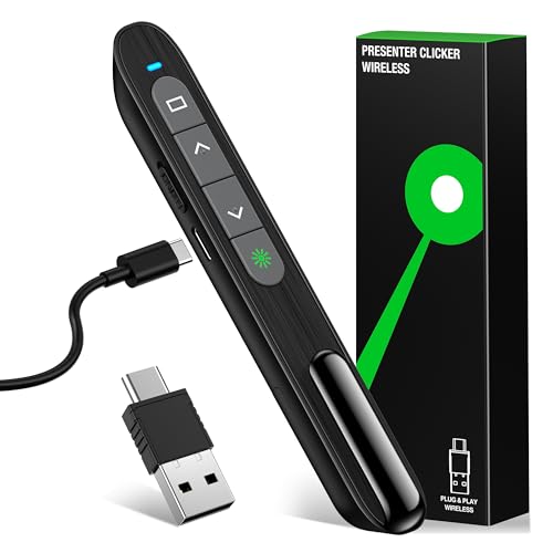 2 in 1 USB Type C Rechargeable Presentation Clicker with Green Pointer, Wireless Presenter for PowerPoint Presentation PPT Clicker, 2.4GHz Presentation Remote Slide Advancer for Computer MacBook - style: Green+Rechargeable+Black