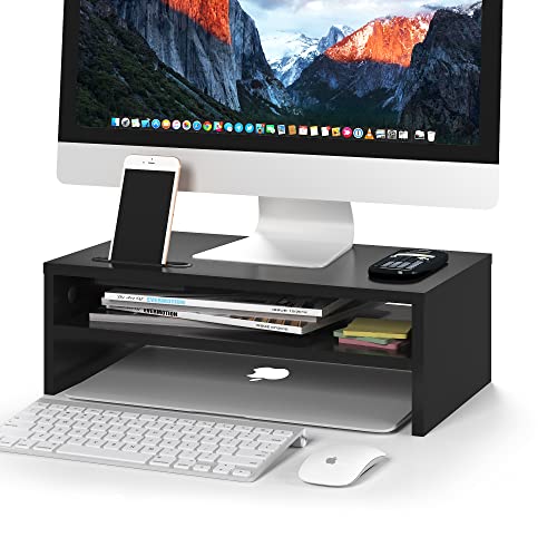 BONTEC Wooden Monitor Stand Riser for Desk, 2-Tier Computer Monitor Stand | 66 lbs Desk Shelf Organizer with Storage, Laptop & Printer Stand with Phone Holder and Cable Management, Black, 16.5 Inch - color: Black, size: 16.5 Inch
