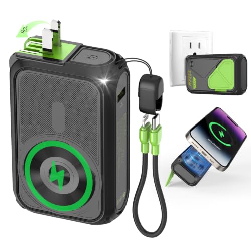P05 Portable Charger, Magnetic Power Bank, Small Wireless PowerBank, Battery Pack 20000mAh Travel Essentials Fast Charging With Built in Cable, Foldable Wall Plug for iPhone,Samsung,Andriod - color: Black2W