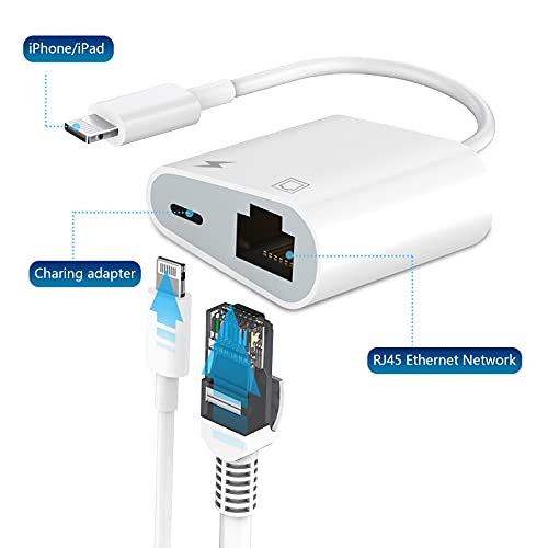 Apple MFi Certified Lightning to Ethernet Adapter - 2 in 1 RJ45 Ethernet LAN Network Adapter with Charge Port for iPhone/iPad/iPod, Plug and Play, Supports 100Mbps Network | Apple MFi Certified, RJ45 Ethernet Adapter with Charge Port for iPhone/iPad/iPod,