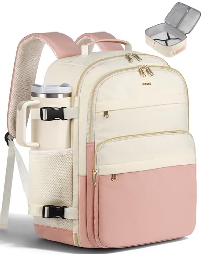 HOTOR Travel Backpack Women Flight Approved Carry on Bag | 15.6inch Laptop Computer Bag Flight Approved Personal Item Travel Bag for Work, Business, College - color: Pink and Beige, size: 13.0" x 7.9" x 17.3"