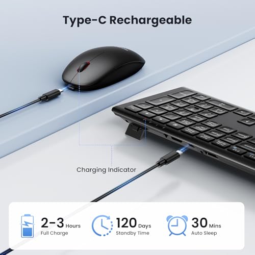 TECKNET 2.4G Rechargeable Ultra-Slim Wireless Keyboard and Mouse Combo | 2.4G Stable Connection, Full-Size Scissor Switch Keyboard with 12 Multimedia Keys, Silent Mouse, Ergonomic Design, Black - color: Black