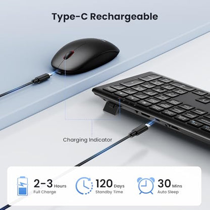 TECKNET 2.4G Rechargeable Ultra-Slim Wireless Keyboard and Mouse Combo | 2.4G Stable Connection, Full-Size Scissor Switch Keyboard with 12 Multimedia Keys, Silent Mouse, Ergonomic Design, Black - color: Black